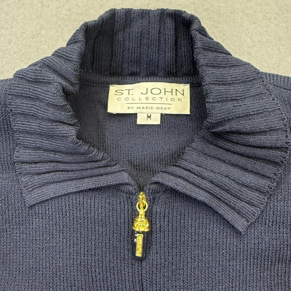 St John Collection Marie Gray Navy Blue Santana Knit Zip Jacket Bomber Mens M